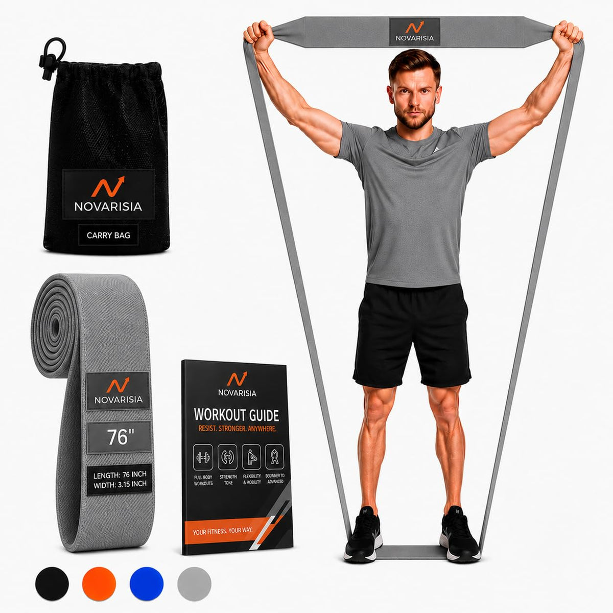 NOVARISIA 76" Extra-Long Fabric Resistance Band – Non-Slip Workout Band for Strength, Mobility & Stretching